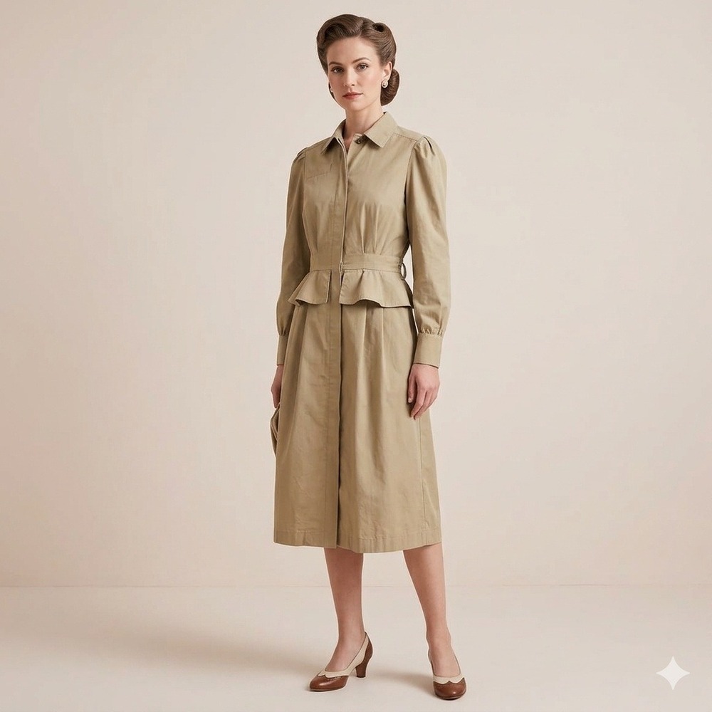 VTG Adele‎ Simpson Khaki Long Sleeve Midi Dress Size 6 Military Wartime Look